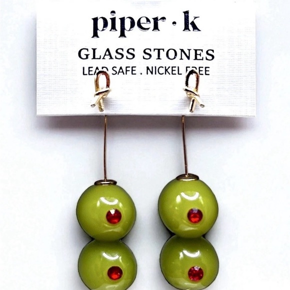 BNIP PIPER K VIRAL MARTINI OLIVES GLASS & CRYSTAL DANGLING EARRINGS - Picture 11 of 11